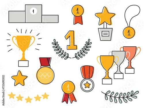 Awards, trophy cups, first place medals and podium winners set. Gold medal and champion trophy cup. Hand drawn award decorative icons. Vector illustrations. photo