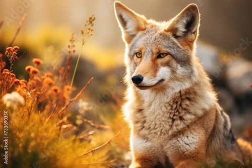 Beautiful photo of a wild coyote out in nature at sunset  Ai generated