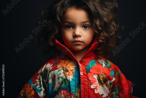 Portrait of a cute little girl with curly hair in a bright jacket on a black background