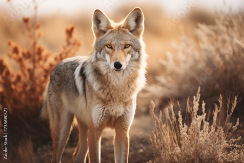 Beautiful photo of a wild coyote out in nature at sunset, Ai generated © Tanu