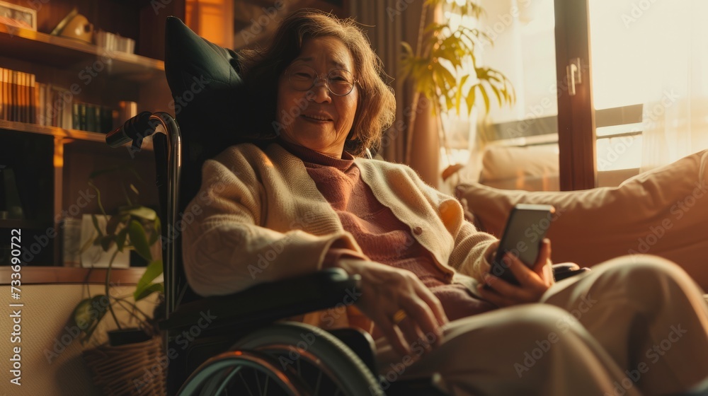 Portrait of smiling senior woman on wheelchair with smartphone at living home.