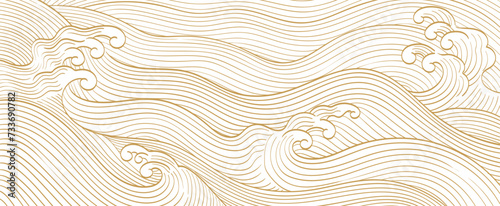 Abstract landscape with Japanese wave pattern vector. Nature art background with Chinese wave and cloud template in oriental style. 