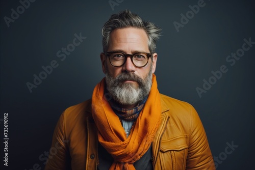 Portrait of a bearded senior man wearing glasses and a yellow scarf.