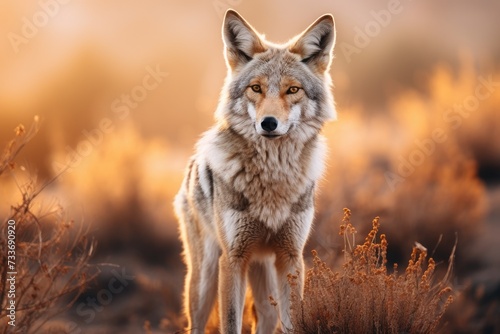 Beautiful photo of a wild coyote out in nature at sunset, Ai generated