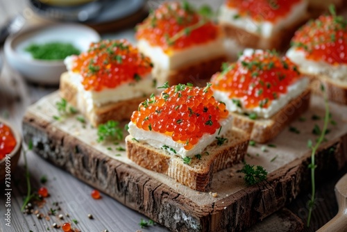 Artfully Presented Assortment Of Red Caviar-Topped Sandwiches On A Rustic Wooden Board