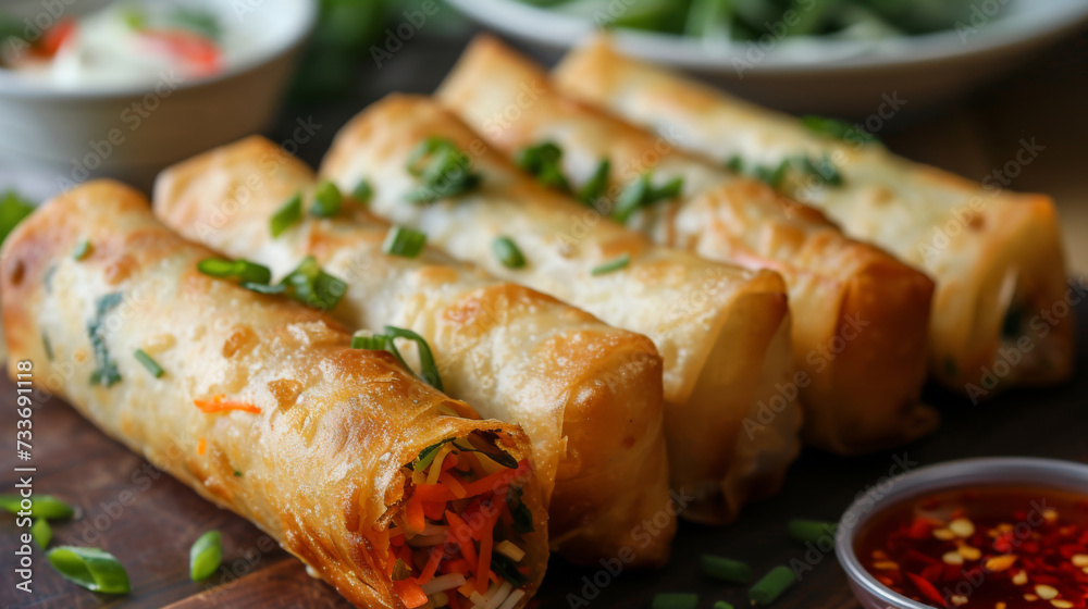 Golden fried spring rolls garnished with green onions, served with a side of spicy dipping sauce on a wooden table. Golden fried spring rolls garnished with green onions, served with a side of spicy dipping sauce on a wooden table.