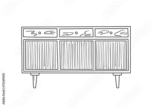 Hand drawn silhouette of mid century dresser. Modern furniture outline drawing. Line art cupboard for trendy interior design. Sketch commode on legs. Vector illustration