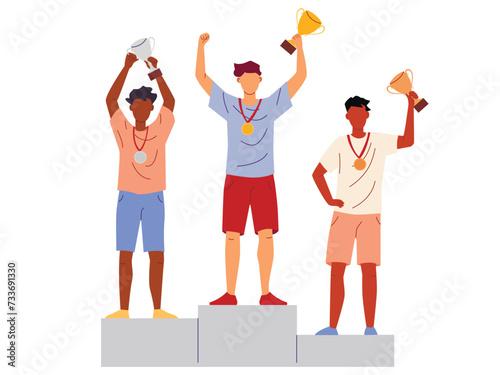 Vector illustration of men stand on the award winners podium and hold the winners cups.