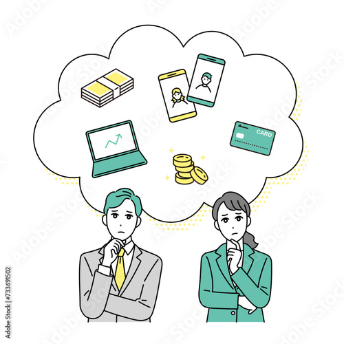 悩んだ顔をするビジネスパーソンのイラストとアイコンセット