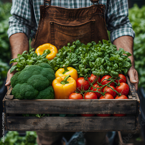A farmer holding a box of fresh vegetables including tomatoes, herbs, and cucumbers. © wcirco