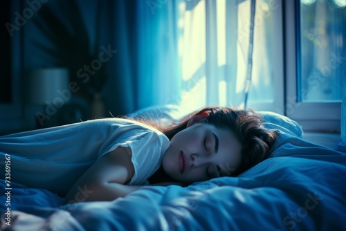 Serenity Captured: Tranquil Blue Hues Embrace Sleeping Woman In Dimly Lit Room