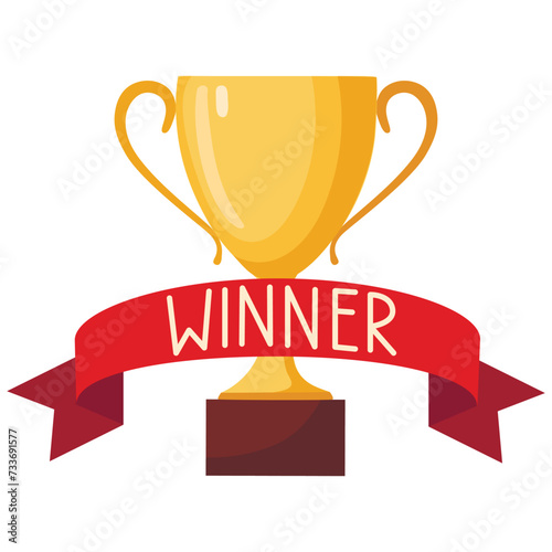 Winner, golden cup background with red ribbon. Poster or brochure template. Vector illustration.