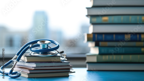 Close-up photo of stethoscope for medical doctor diagnosis on a pile of books photo