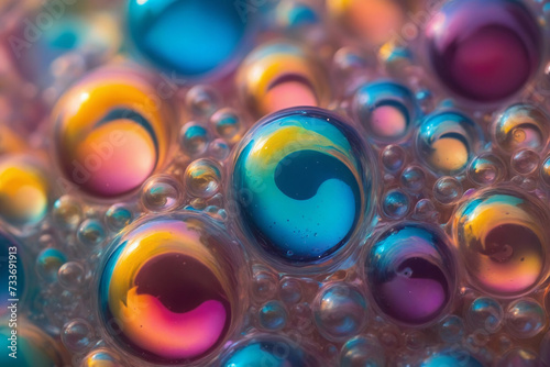 An abstract macro shot of iridescent soap bubbles creates a mesmerizing landscape of colorful swirls and fluid shapes
