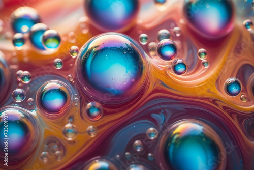 An abstract macro shot of iridescent soap bubbles creates a mesmerizing landscape of colorful swirls and fluid shapes © Giuseppe Cammino