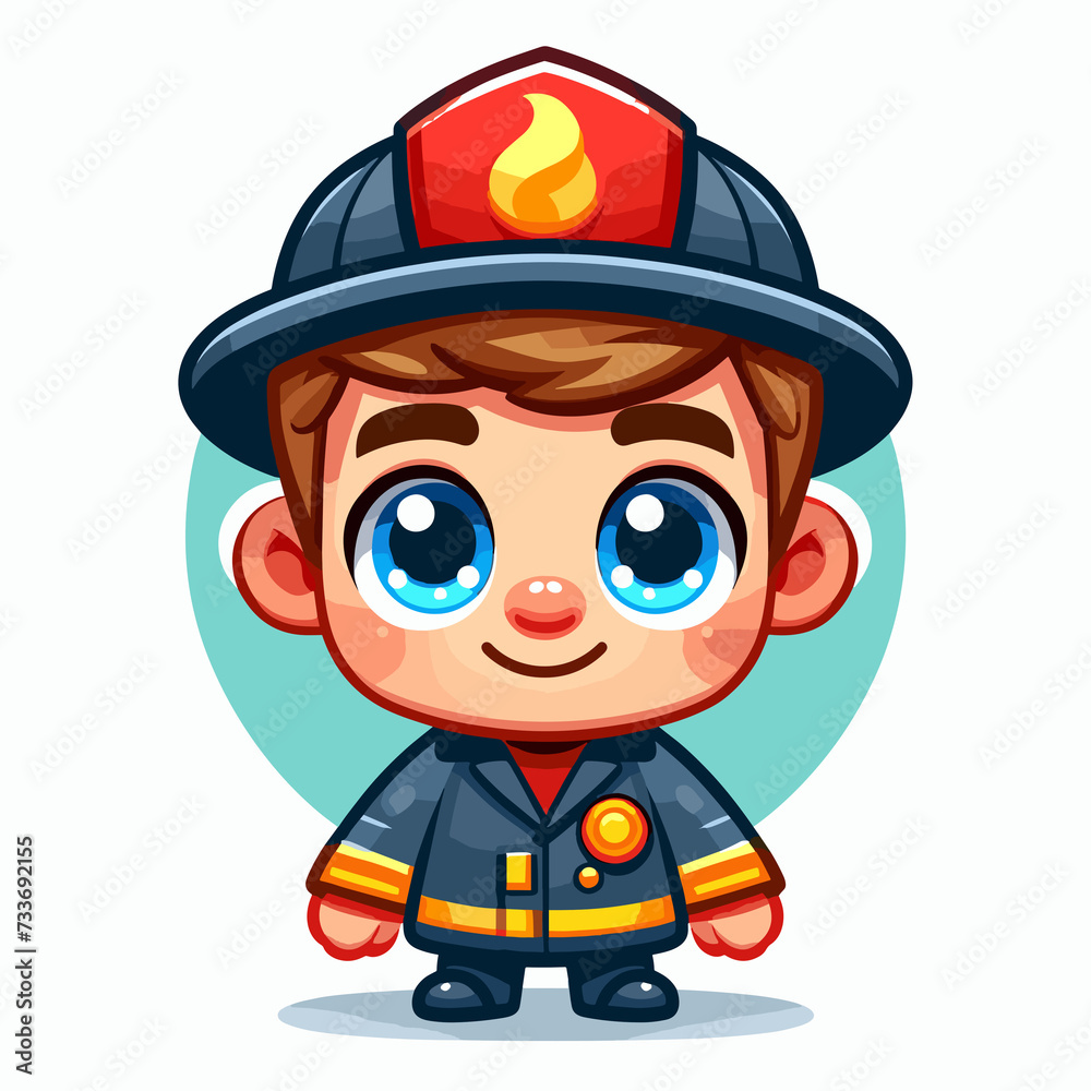 Cute Animated Firefighter Child in Full Gear with a Bright, Cheerful Smile, flat colors
