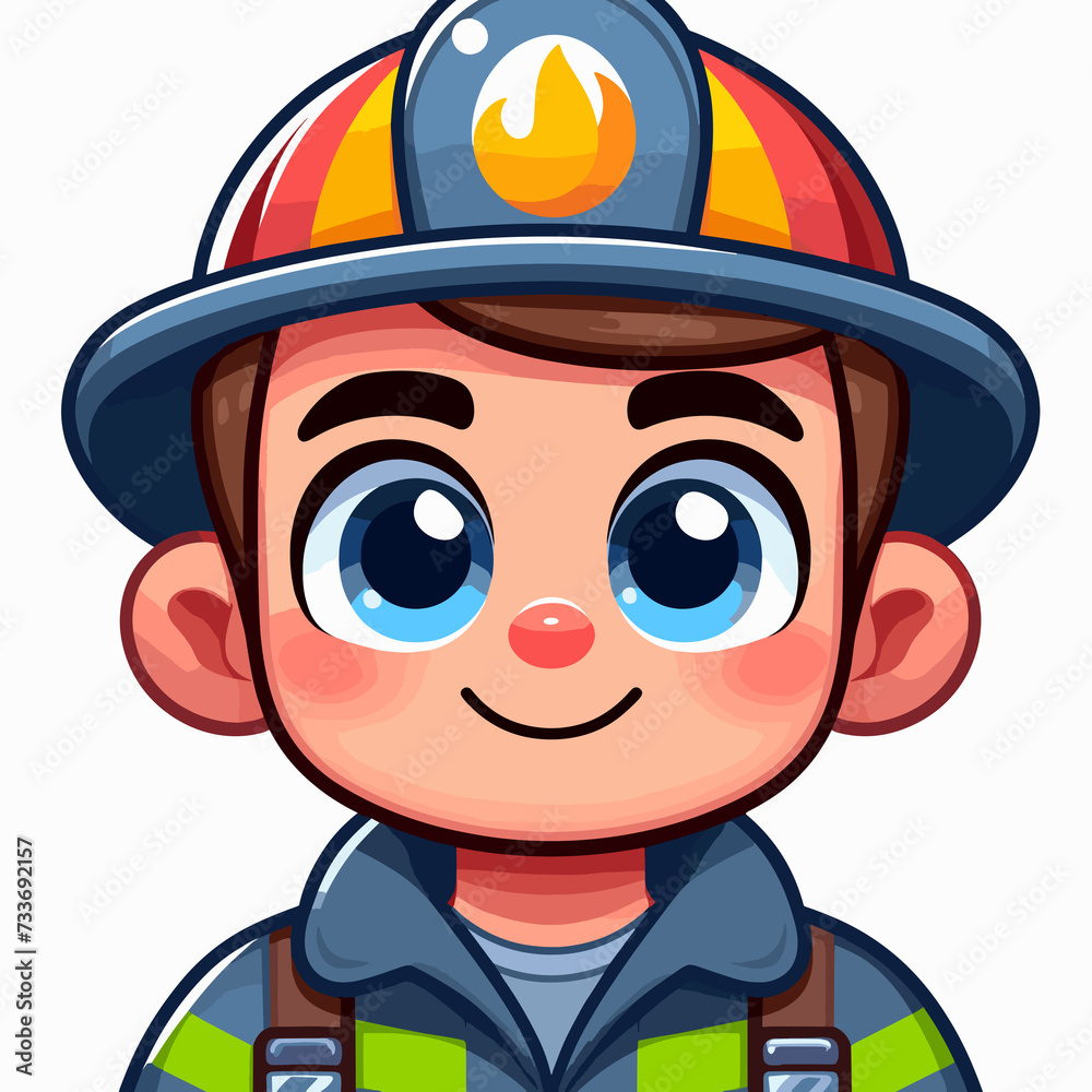 Cheerful Cartoon Firefighter: A Young Hero in Uniform with a Shiny Badge and Helmet, flat colors Cheerful Cartoon Firefighter: A Young Hero in Uniform with a Shiny Badge and Helmet, flat colors