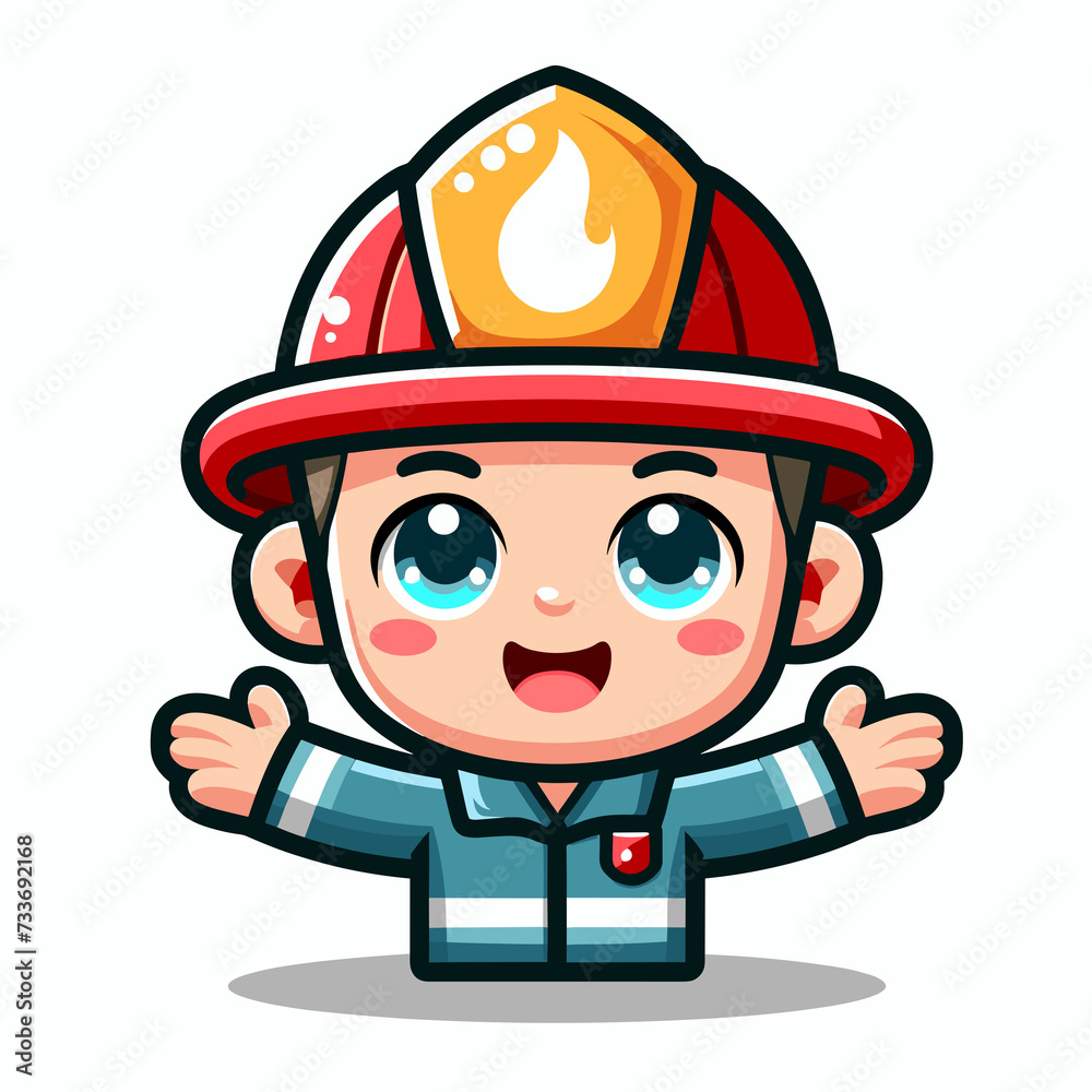 Cartoon fireman in a helmet and overalls, with his arms spread to the sides, flat colors Cartoon fireman in a helmet and overalls, with his arms spread to the sides, flat colors