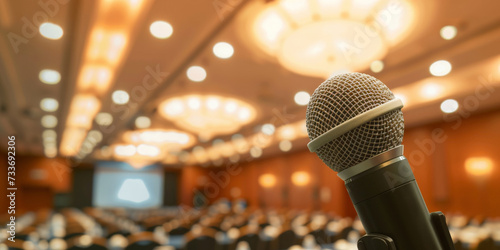 Microphone with Abstract blurred photo of conference hall or meeting room with attendee background