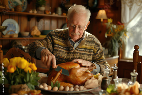 Senior man carving turkey at family Easter dinner