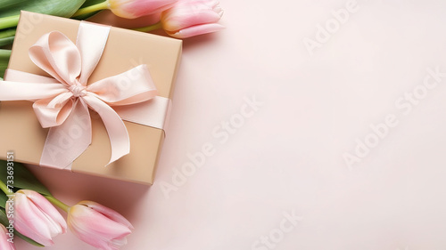 Bouquet of pink tulips and Gift box with pink ribbon on light pastel background. 8 march or birthday concept with copy space © yana136