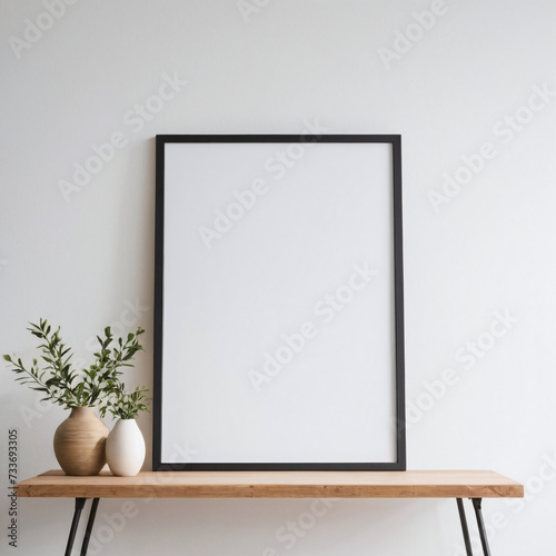 Blank picture frame on white empty wall mockup template design