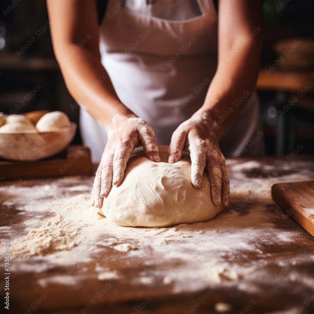 Female hands making dough. Hands kneading bread dough on a cutting board.