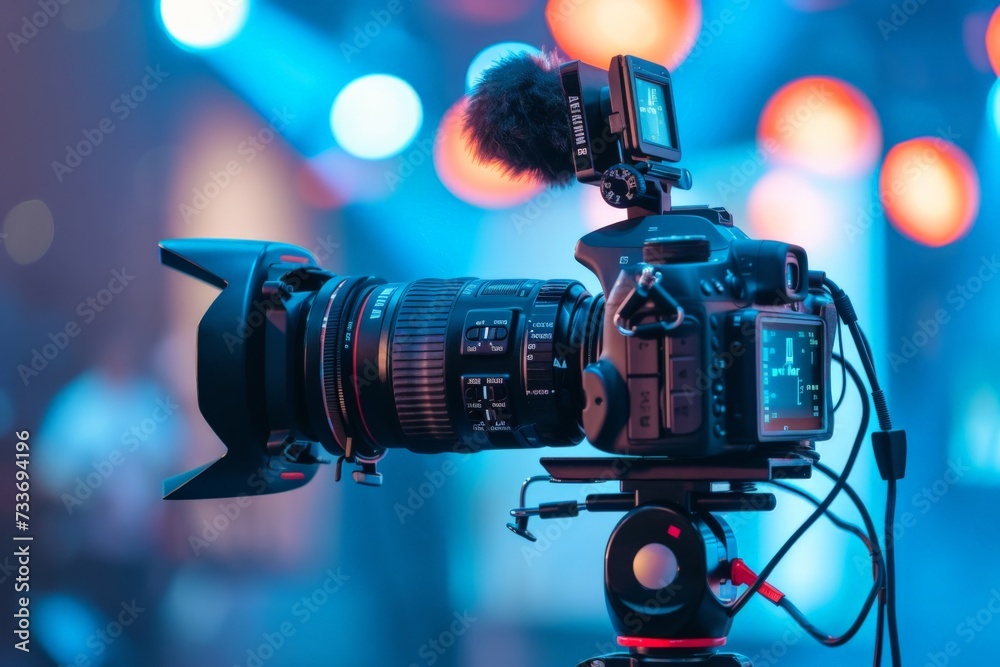 Professional digital Mirrorless camera with microphone on the tripod recording video blog of asian Speaker on the stage seminar, Camera for photographer or Video and Technology Live Professional digital Mirrorless camera with microphone on the tripod recording video blog of asian Speaker on the stage seminar, Camera for photographer or Video and Technology Live