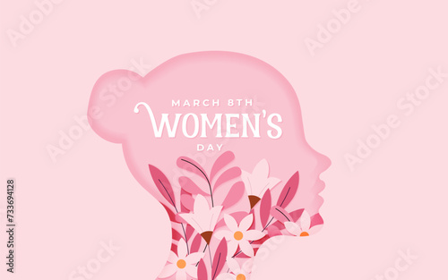 International Women Day 8 march with frame of flower and leaves , Paper art style. vector illustration