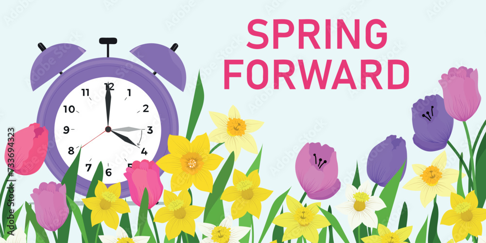 Daylight saving time concept. Border of flowers of tulips and narcissus, daffodils. Changing the time on the clock to summertime