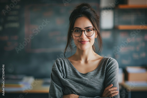 Confident Tutor in a poised and friendly stance Standing in her classroom