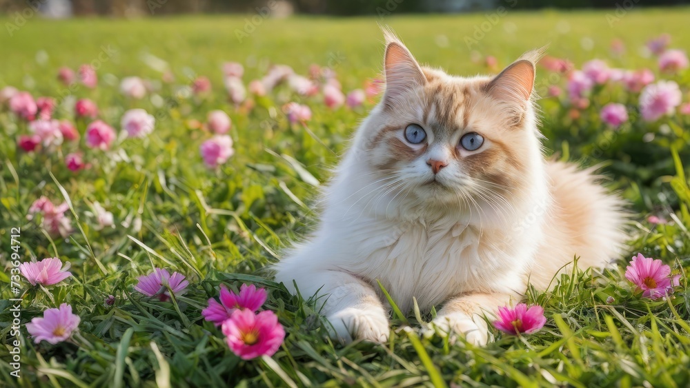 Red point birman cat in flower field
