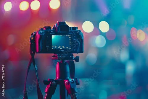 Professional digital Mirrorless camera with microphone on the tripod recording video blog of asian Speaker on the stage seminar, Camera for photographer or Video and Technology Live