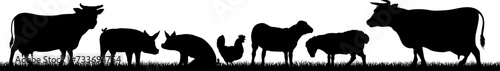 A farm animals scene with silhouettes of cows, chicken, sheep and pigs in a grass field scene landscape