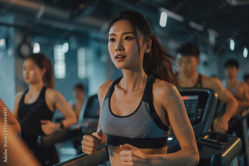 Sporty asian woman in a sports bra doing exercise by running on treadmill during a workout at the gym fitness center