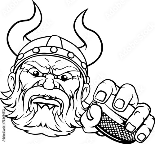 A viking hockey sports mascot cartoon character holding a puck