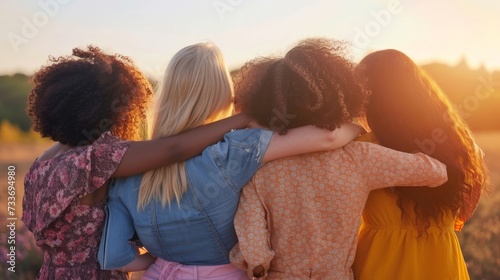 Rear view of four women with arms around each other in support of International Women's Day photo
