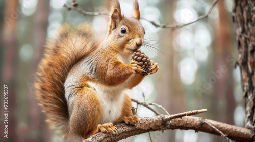 A squirrel sits on a branch in the forest and holds a pine cone in its paws © yganko