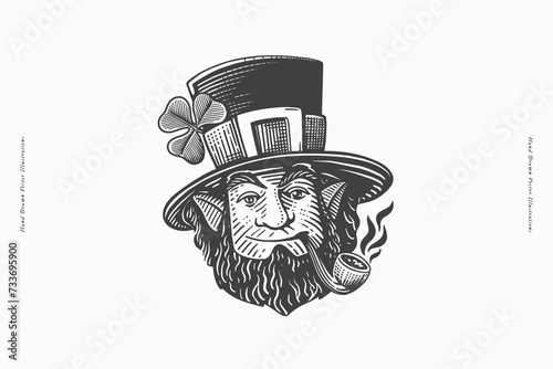 Head of a cheerful Leprechaun with a smoking pipe in engraving style. The main character of the Irish spring holiday. St. Patrick's Day symbol on a light background.