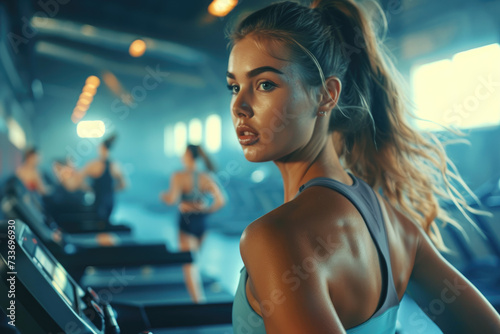 Sporty woman in a sports bra doing exercise by running on treadmill during a workout at the gym fitness center