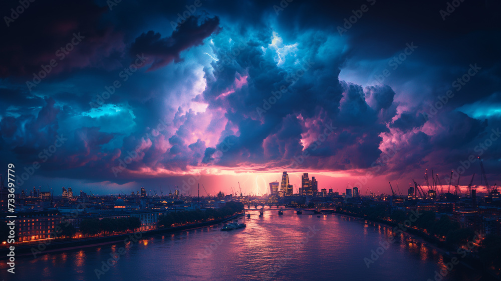Fototapeta premium Dark storm clouds with lightning over Thames river in London.