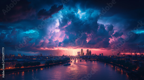 Dark storm clouds with lightning over Thames river in London. © Janis Smits
