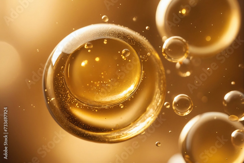 Close-up of golden oil bubbles suspended, creating a luxurious and rich texture against a soft, warm bokeh background