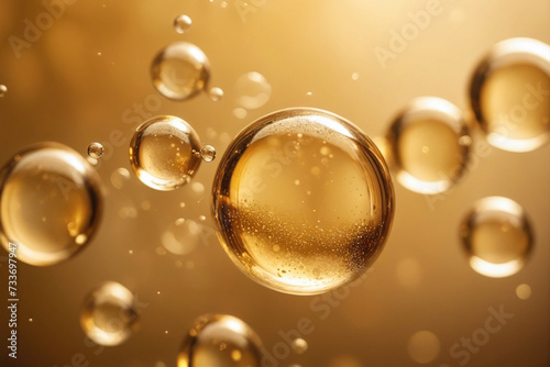 Close-up of golden oil bubbles suspended, creating a luxurious and rich texture against a soft, warm bokeh background