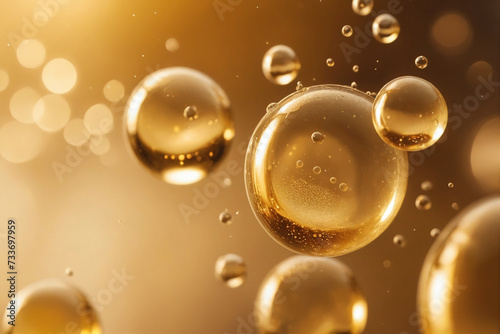 Close-up of golden oil bubbles suspended, creating a luxurious and rich texture against a soft, warm bokeh background