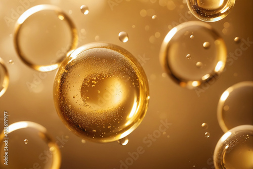 Close-up of golden oil bubbles suspended, creating a luxurious and rich texture against a soft, warm bokeh background