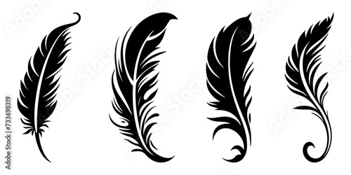 Set of detailed majestic feather collection. Bird Feather black silhouettes. Plumelet collection. Vector isolated on white