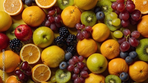 fruits and berries on vivid yellow background  oranges  apples grapes  kiwis and blueberries