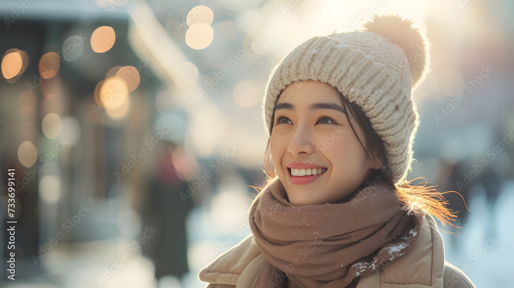 Asian Japanese girl in a winter coat and scarf enjoy shopping with smile. The background a blur effect of a luxury European street Asian Japanese girl in a winter coat and scarf enjoy shopping with smile. The background a blur effect of a luxury European street