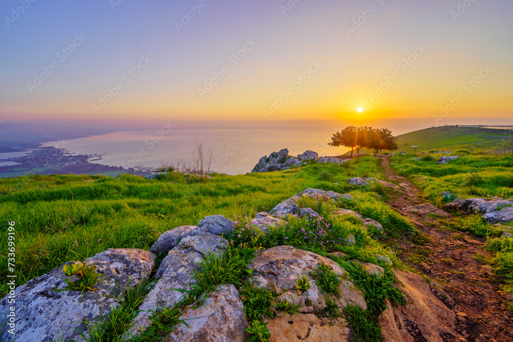 Sunrise view of the Sea of Galilee, from Mount Arbel